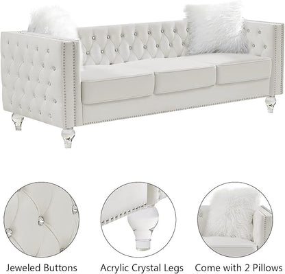 mikibama Velvet Loveseat with Buttons and Square Arms 59 Inch Tufted Sofa with Trimmed Nailhead and Metal Legs Loveseat Couch for Living Room, Bedroom (Beige-Crystal Legs, Loveseat + Sofa)