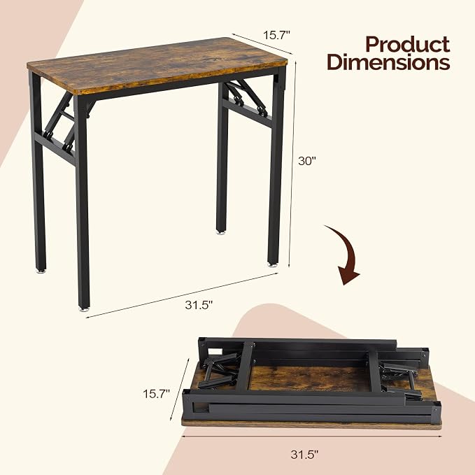 VINGLI Small Computer Desk No Assembly Required, Folding Desk as Writing Table, Dining Table and Workbench, Foldable Desk for Small Space & Home Office, 31.5 Inch, Brown & Black Frame