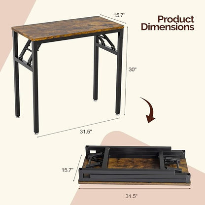VINGLI Small Computer Desk No Assembly Required, Folding Desk as Writing Table, Dining Table and Workbench, Foldable Desk for Small Space & Home Office, 31.5 Inch, Brown & Black Frame