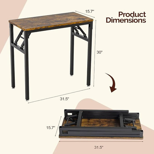 VINGLI Small Computer Desk No Assembly Required, Folding Desk as Writing Table, Dining Table and Workbench, Foldable Desk for Small Space & Home Office, 31.5 Inch, Brown & Black Frame