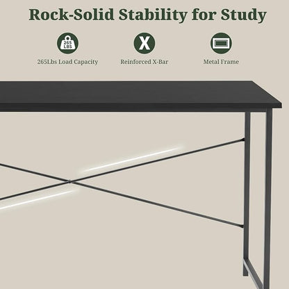 Computer Desk 55 Inch, Simple Home Office Desk Study Writing Table, Sturdy Metal Frame, Scratch-Resistant MDF Desktop for Bedroom Dorm Workspace, Black