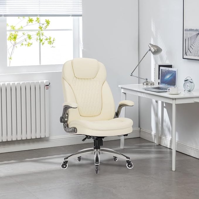COLAMY Ivory Leather High Back Executive Office Chair, Ergonomic Desk Chair with Flip-up Arms, Thick Cushion, Silent Nylon Wheels, Adjustable Height & Rocking Function, 300lbs Capacity