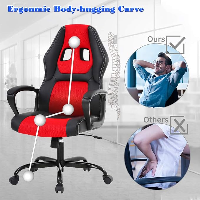 BestOffice Office Chair PC Gaming Chair Cheap Desk Chair Ergonomic PU Leather Executive Computer Chair Lumbar Support for Women, Men (Red)