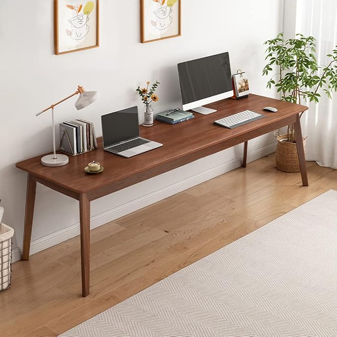 NELYE Mid-Century Long Desk Table - 63" Simple Modern Extra Long 2-Person Wood Computer Workstation for Home Office Work in Walnut, 63" W x 24" D