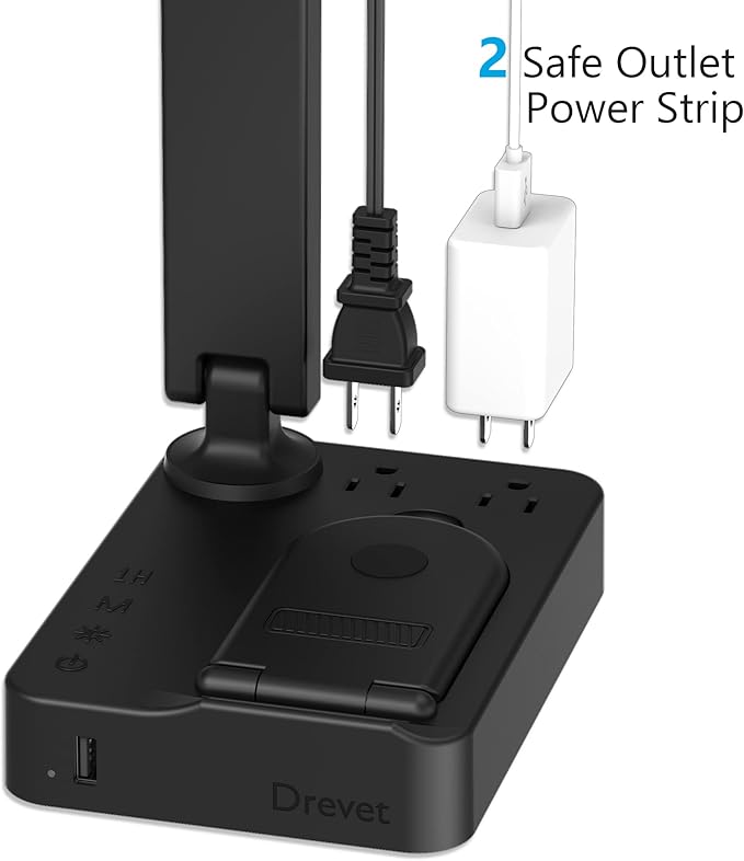 Drevet LED Desk Lamp with Wireless Charger, Desk Table Light with USB Charging Port and 2 Outlets, 3 Lighting Modes, 3 Level Brightness, 1H Timer, Touch Control, Eye-Caring Home Office Foldable Lamp