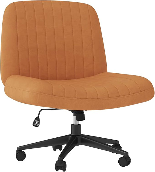 Shintenchi Criss Cross Chair,Cross Legged Office Seat with Wheels Armless Swivel Vanity Chair,Height Adjustable Wide Computer Task Seating for Home Office,PU Leather,Orange