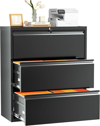 INTERGREAT 3 Drawer Lateral File Cabinet with Lock, 28" W Lateral Filing Cabinet for Legal/Letter A4 Size, Locking File Cabinets for Home Office, Assembly Require, Black