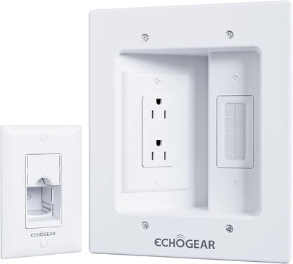ECHOGEAR TV Cord Hider for Wall Mounted TV – Dual Outlet in-Wall Cable Management Kit for Power & Low Voltage Cables – Includes 6.25”L x 8”H x 3.95”D Module, Wall Template, Saw, 6ft Extension Cord