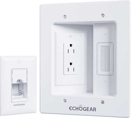 ECHOGEAR TV Cord Hider for Wall Mounted TV – Dual Outlet in-Wall Cable Management Kit for Power & Low Voltage Cables – Includes 6.25”L x 8”H x 3.95”D Module, Wall Template, Saw, 6ft Extension Cord