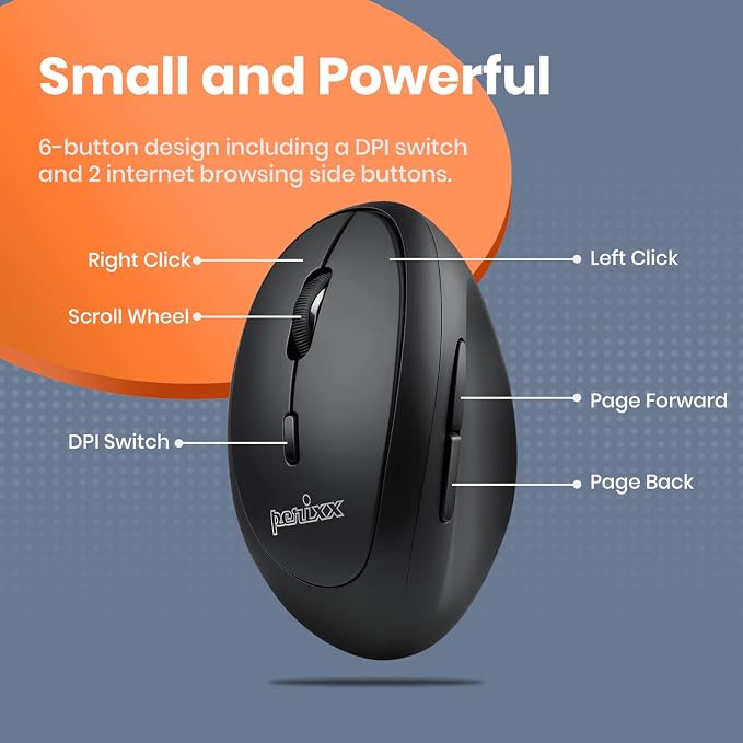 Perixx Perimice-719L, Left Handed Wireless Vertical Mouse, Portable Size for Laptops Computer, 3 Level DPI