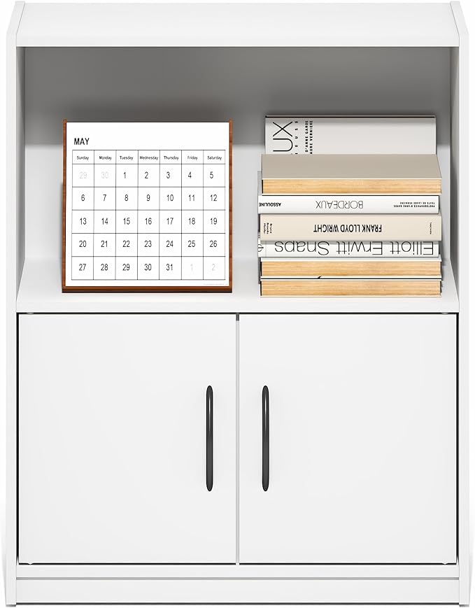 Furinno Gruen Book Shelf, 2-Tier Small Bookshelf, Bookcase with Open Shelf and Doors Storage Cabinet, 9.3 x 21.8 x 27, for Organization and Storage, for Living Room, Bedroom, Home Office, White