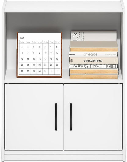 Furinno Gruen Book Shelf, 2-Tier Small Bookshelf, Bookcase with Open Shelf and Doors Storage Cabinet, 9.3 x 21.8 x 27, for Organization and Storage, for Living Room, Bedroom, Home Office, White