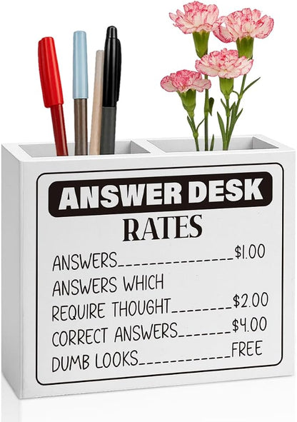 Funny Office Answer Desk Rates Pencil Holder Sign Funny Boss Gifts Office Room Decor for Women Men Teams Coworker Friend Wooden Pencil Holder Boss Day Gifts Desk Decor