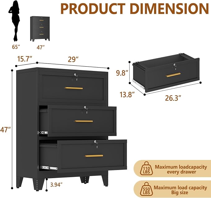 Metal Lateral File Cabinet with Lock,3 Drawer Steel Wide Filing Organization Storage Cabinets for Legal/Letter/A4/F4 Size with Hanging Files&Key,Lockable Printer Stand for Home Office, Black