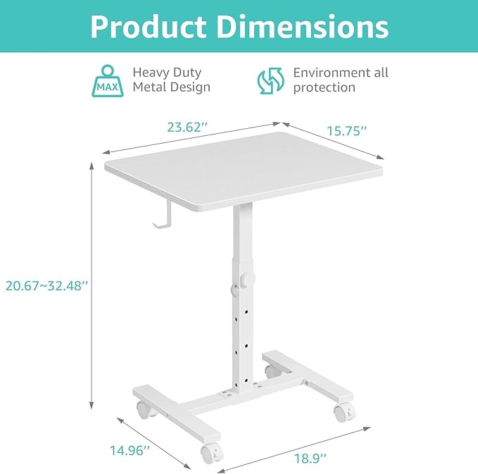 WINAZ Small Portable Rolling Desk Adjustable Height, 24 Inch Mobile Laptop Desk with Wheels for Dorm Room, C-Shaped Table for Sofa and Bed Side, Study Table for Students, White