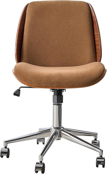 HULALA HOME Fabric Home Office Chair with Bent Wood Design & Rocking Tilt Function, Modern Swivel Desk Chair with Adjustable Height, Comfy Upholstered Armless Computer Task Chair, Caramel