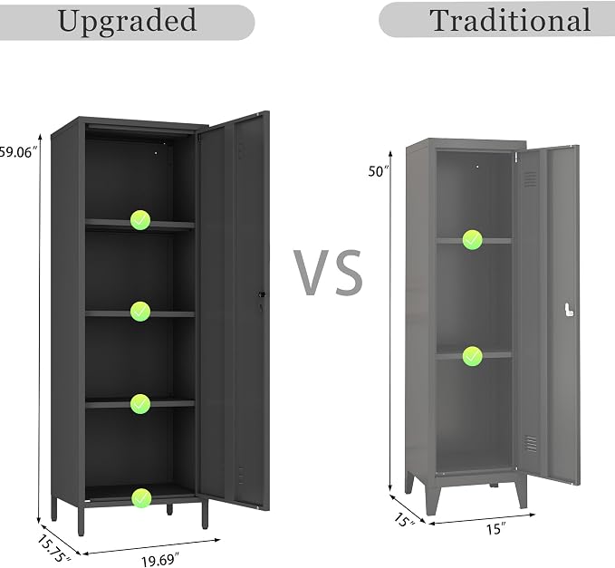 Steehoom Metal Locker Cabinet with Lock, Lockable Single Door Storage Cabinet Steel File Locker with 3 Adjustable Shelves for Living Room, School, Garage, Home, Office, Pantry (Black, H59.06'')