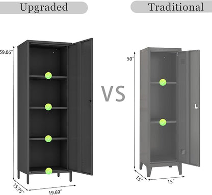 Steehoom Metal Locker Cabinet with Lock, Lockable Single Door Storage Cabinet Steel File Locker with 3 Adjustable Shelves for Living Room, School, Garage, Home, Office, Pantry (Black, H59.06'')