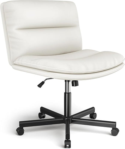 Rfiver Ergonomic Armless Criss Cross Chair with Height Adjustable and Swivel, Wide & Thickened Cushion Cross Legged Vanity Chair, Comfortable PU Leather Desk Chair for Computer Task and Make Up, White