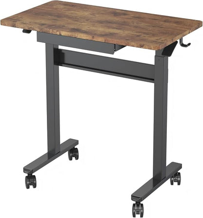 Standing Desk for Walking Pad with Wheels, Pneumatic Cordless Height Adjustable Rolling Desk, Computer Workstation with Drawer Hook Locking Casters for Treadmill Home Office, Dark Wood