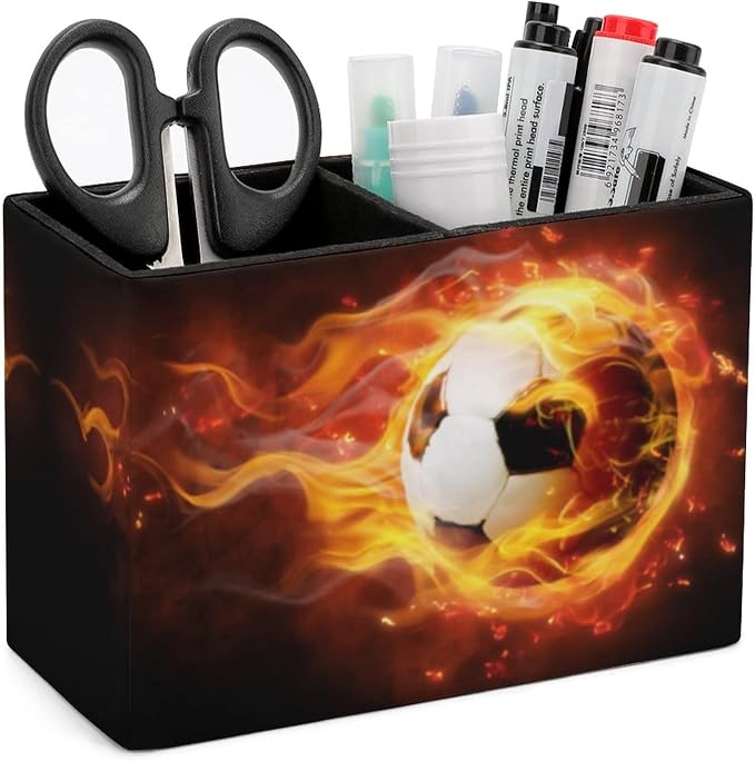 Niapessel Pencil Holder for Desk, Burning Soccer Ball Pen Holder Storage Desktop Pen Organizer Desk Pencil Organizer Makeup Brush Holder for Office School College Leather
