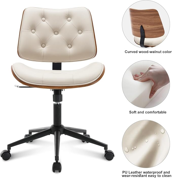 BV Armless Desk Chair with Wheels, 360 Swivel Home Office Chair No Arms, Height Adjustable Task Chair for Small Space, PU Leather Office Chair, Rolling Chair for Reading Room, Conference Room, Beige