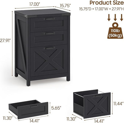 Halitaa 3 Drawer Small File Cabinet, Farmhouse Vertical Filing Cabinet Fits Letter and A4 Size, Under Desk Wooden File Cabinets for Home Office, Printer Stand, Black