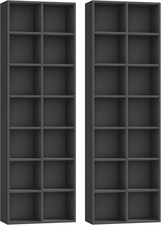 FOTOSOK 71'' Tall Bookshelf Set of 2, 7 Tier Large Black Bookshelf with Adjustable Shelves, Wide Bookcases and Bookshelf, DVD/CD Media Tower Storage, Cube Book Shelf Display Shelf Cabinet, Black