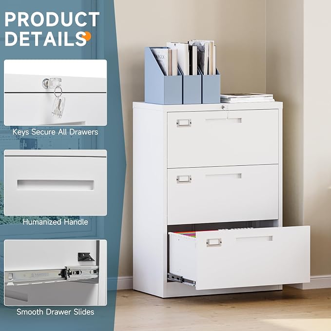 MIIIKO Lateral 3 Drawer File Cabinet,White Metal Filing Cabinets with Lock, Metal Storage File Cabinets for Home Office,Letter/Legal/A4 Size