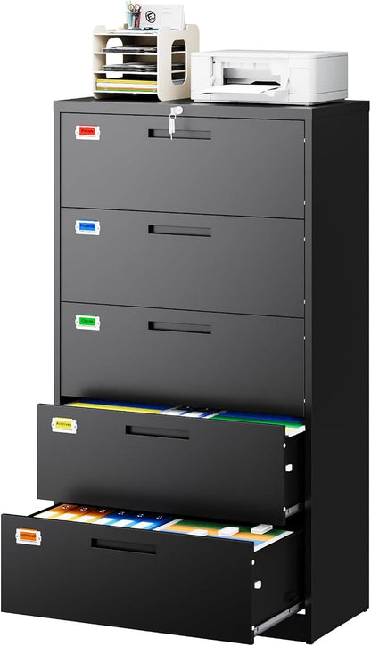 PEUKC 5 Drawer File Cabinet, Lateral Filing Cabinets for Home Office, Office Storage Drawers with Lock, Hanging Files Legal/Letter A4 Size (Assemble Required,Black)