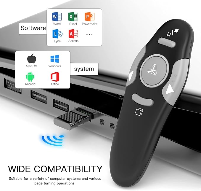 QUI Presentation Clicker Wireless Presenter Remote Clicker for PowerPoint Presentation Remote, PowerPoint Slide Advancer for Mac/Windows/Google Slide/Keynote, Black, A