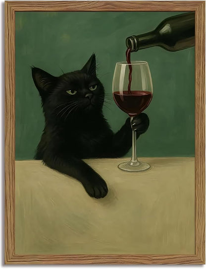 Funny Black Cat Wall Art 8x10 Inch Moody Black Cat with Wine Glass Canvas Wall Decor Whimsical Animal Bar Cart Poster Canvas Prints for Bathroom Kitchen Bar Wood Framed