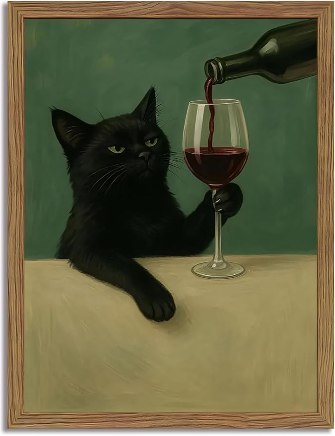 Funny Black Cat Wall Art 12x16 Inch Moody Black Cat with Wine Glass Canvas Wall Decor Whimsical Animal Bar Cart Poster Canvas Prints for Bathroom Kitchen Bar Wood Framed