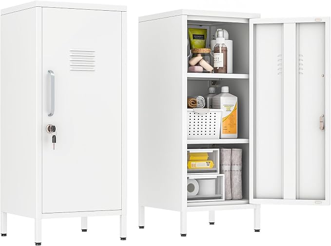 erosoei 35.43" H Metal Locker Storage Cabinet, Office Locker with 2 Adjustable Shelves, Steel Cabinet with 1 Door, High Legs Organizer for Home Office, Kitchen, Living Room, Bedroom and Bathroom