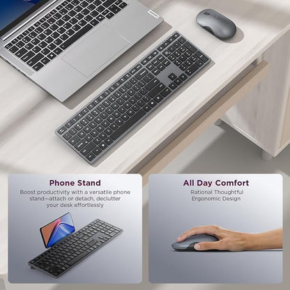Lenovo 700 Modern Wireless Keyboard & Mouse Combo, 2.4 GHz Dongle & Dual Bluetooth Connection, AES-128 Encryption, 36 Month Battery Life, Quiet Mouse, Luna Grey