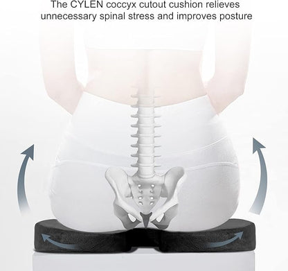 CYLEN Home Office Seat Cushion - Comfort Memory Foam Chair Cushion with Cooling Gel Infused for Tailbone, Coccyx, Back & Sciatica Pain Relief (Black-Blue)