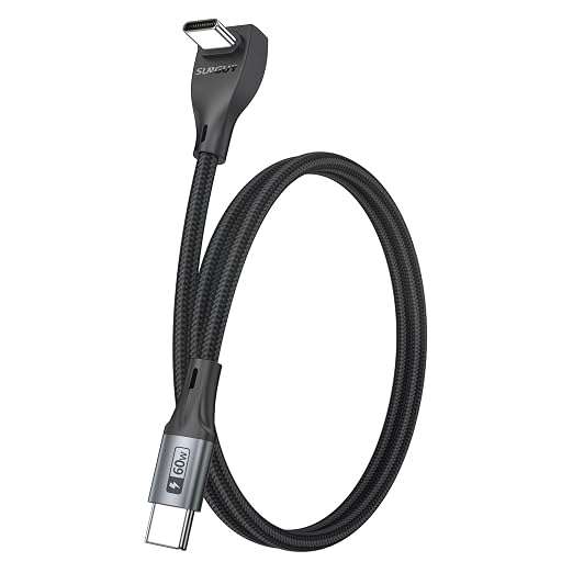 USB C Cable Right Angle - [1Pack 1.6FT] 60W Fast Charging USB C Cable Braided USB Type C Data Cable, 90 Degree C Port Charger Cord for iPhone 17/16/15 Pro Max, Tesla Model Y, MacBook, iPad, Samsung