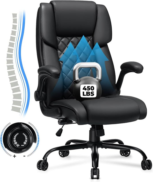 VANSPACE Executive Office Chair Big and Tall 450lbs Heavy Duty Desk Chairs with Adjustable Lumbar Support High Back Home Computer Leather Chair with Flip-up Armrests for Heavy People,Black