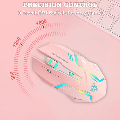 Wireless Gaming Mouse, Rechargeable Wireless Computer Mouse with Type-C Fast Charging, Ergonomic Mouse with 3 Adjustable DPI, 6 Silent Buttons, LED Light, Long Battery Life for Laptop, PC, Mac (Pink)