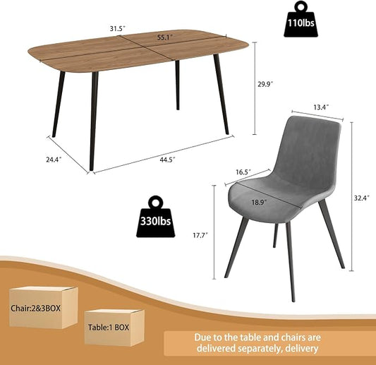 HIPIHOM 55.1'' Dining Table Set for 4,Modern Wood Dining Table,Leather Dining Chairs 4,Table and Chairs Set of 4,Ideal for Kitchen Dining Room (Walnut Color Table + 4 Grey Chairs)