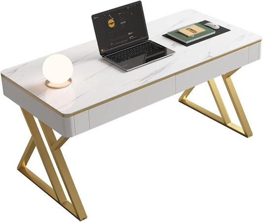 Modern Office Computer Desk with Tempered Glass Top & Marble Pattern, White Wooden Gaming Desk with Drawers, Thick Lacquered Writing Desk for Home Office, Bedroom and Living Room (Z-104)