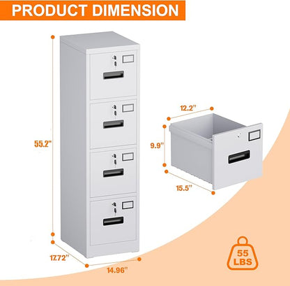 4 Drawer File Cabinet with Lock,White Metal Filing Cabinet for Home Office,Vertical File Storage Cabinet with Keys for Letter/A4 Size,14.96" W x 17.72" D x 55.2" H,Assembly Required