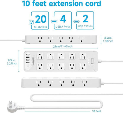 Power Strip Surge Protector Flat Plug with 20 AC Outlets 6 USB Chagring Ports, 1875W/15A, 2700J, 10 Ft Heavy Duty Extension Cord for Home, Office, Dorm, Gaming,ETL Listed (White, 10FT)
