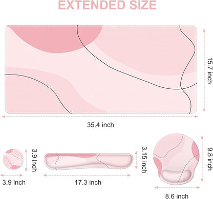 iCasso Large Gaming Mouse Pad Wrist Support Set, Desk Mat, 4in1 XXL Mousepad + Keyboard Wrist Rest+Mouse Wrist Rest+Coaster Set with Ergonomic Design for Home Office Table Computer-Pink Art