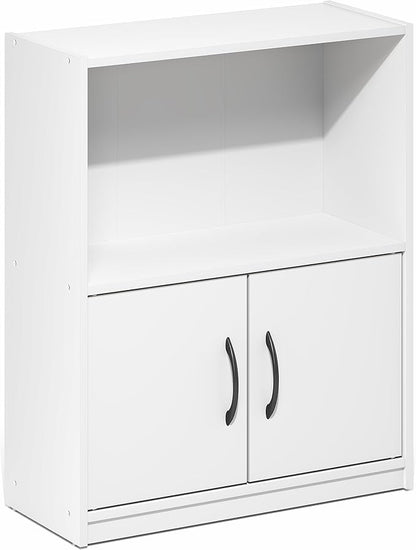 Furinno Gruen Book Shelf, 2-Tier Small Bookshelf, Bookcase with Open Shelf and Doors Storage Cabinet, 9.3 x 21.8 x 27, for Organization and Storage, for Living Room, Bedroom, Home Office, White