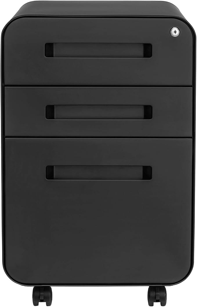 Laura Davidson Furniture Stockpile 3 Drawer File Cabinet with Lock - Under Office Desk Metal Filing Cabinet, Legal/Letter File Folders, Wheels and Stationary Feet, Pre-Assembled, Black