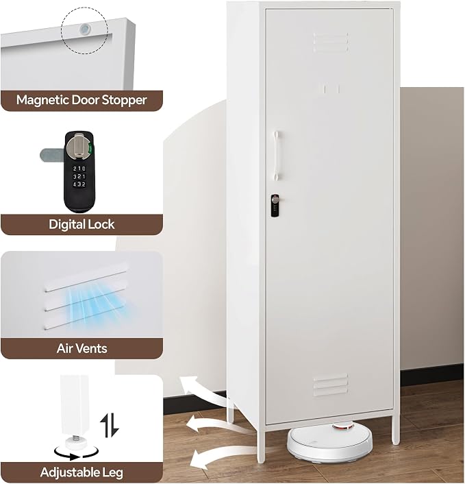 Metal Locker Cabinet, White Kitchen Pantry Storage Cabinet 59" Garage Steel Tool File Cabinets with Doors and Adjustable Shelves for Office,Garage