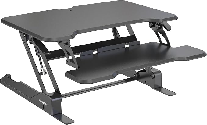Mount-It! Height Adjustable Standing Desk Converter, Compact 30” Wide Tabletop Standing Desk Riser with Gas Spring, Desktop Stand Up Workstation with Keyboard Tray Fits Monitor or Laptop, Black