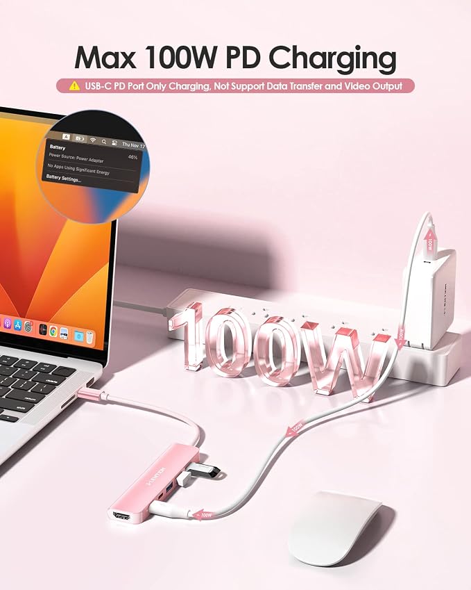 LENTION 6-in-1 USB C Hub, 4K@60Hz HDMI, 100W PD, 3 USB 3.0, USB-C Data | Ideal for Work & Study, Stable Driver 3.0 Certified, Compatible with macOS, iOS/iPadOS, Windows & ChromeOS (CE35p, Rose Gold)