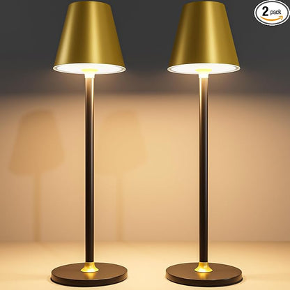 Timjorman 2-Pack Cordless Table Lamps - 5000mAh Rechargeable Battery Operated Desk Lamp, 3-Level Dimmable LED Night Light for Bedroom, Dining, Restaurant - Metal Design(Gold&Black 2-Pack)